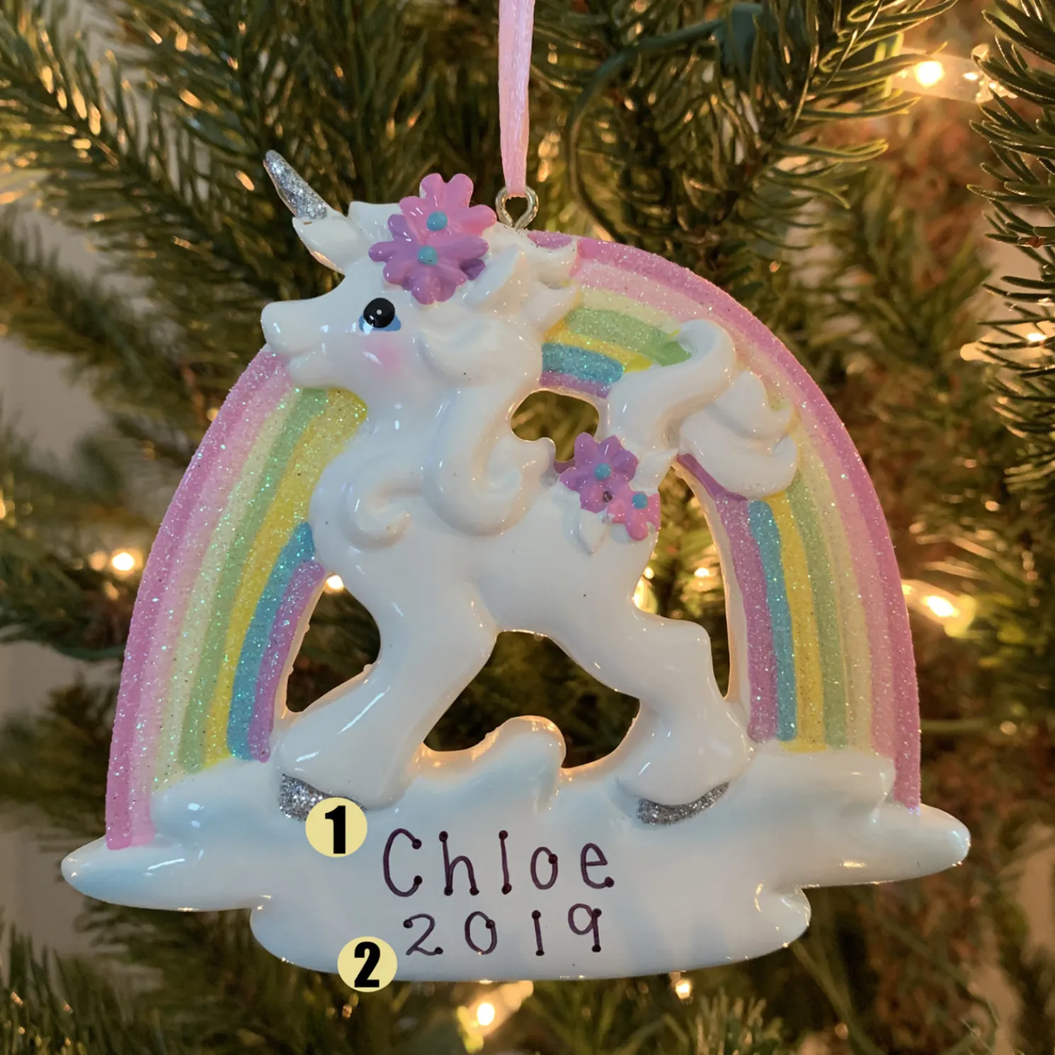 4.5" Unicorn and Rainbow Personalized Christmas Ornament W8457