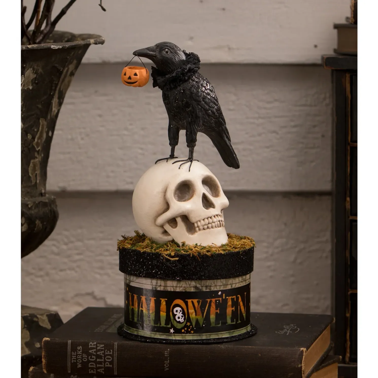 Bethany Lowe 9" Crow and Skull on Box Container Halloween Decoration TL3356
