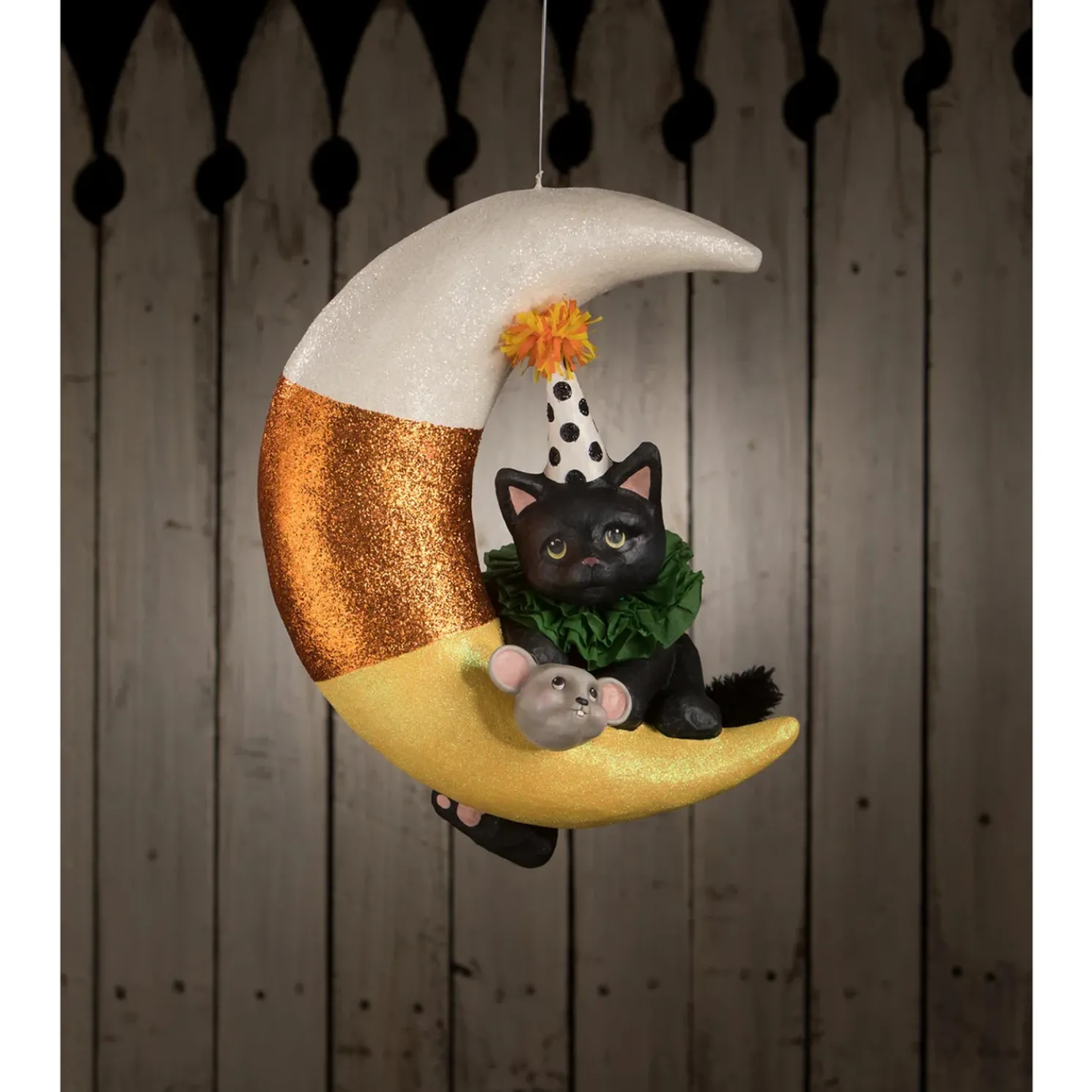 Bethany Lowe 15.75" Party Kitty in Candy Corn Moon Hanging Halloween Decoration TD1193