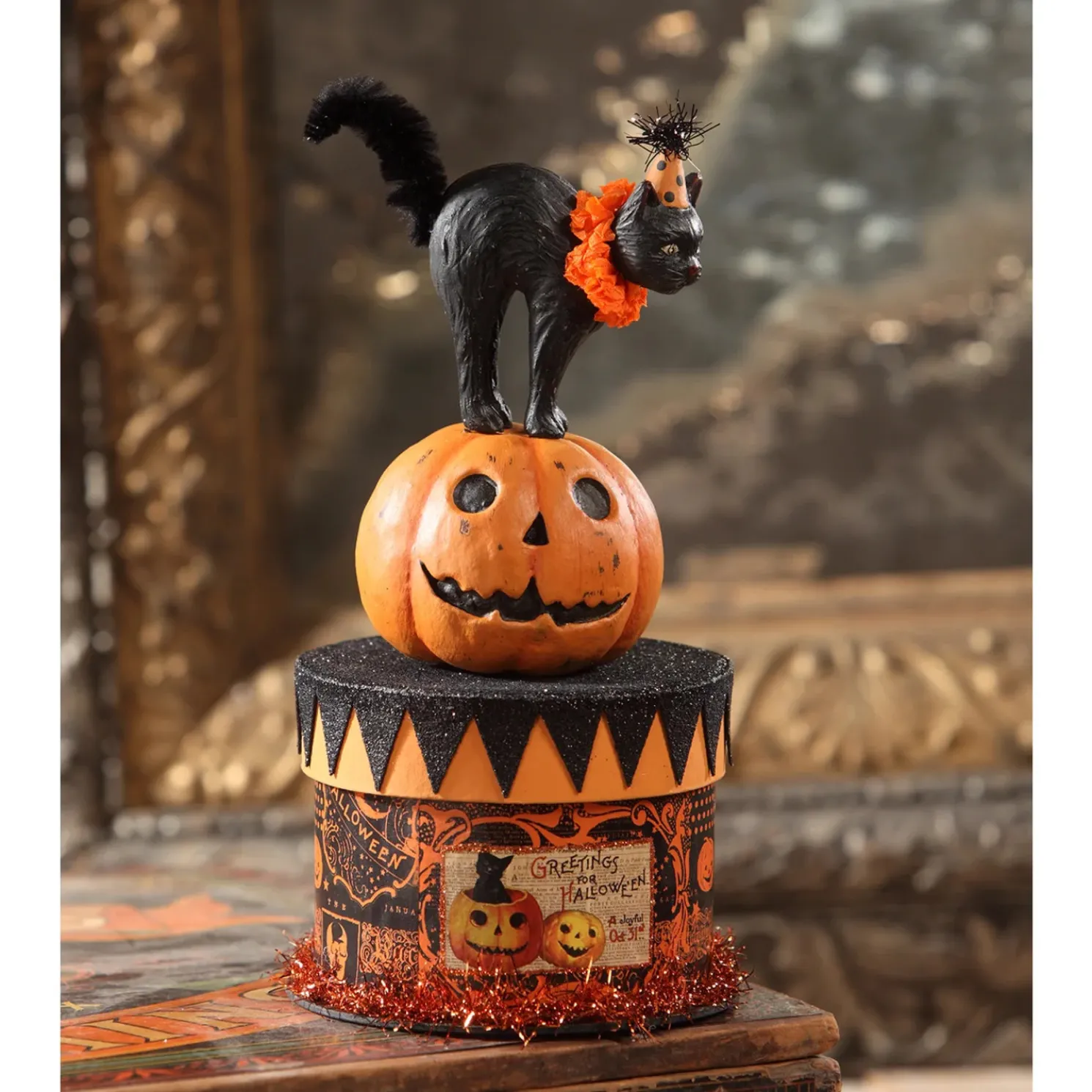 Bethany Lowe 8.5" Party Cat on Box Container Halloween Decoration TP6183