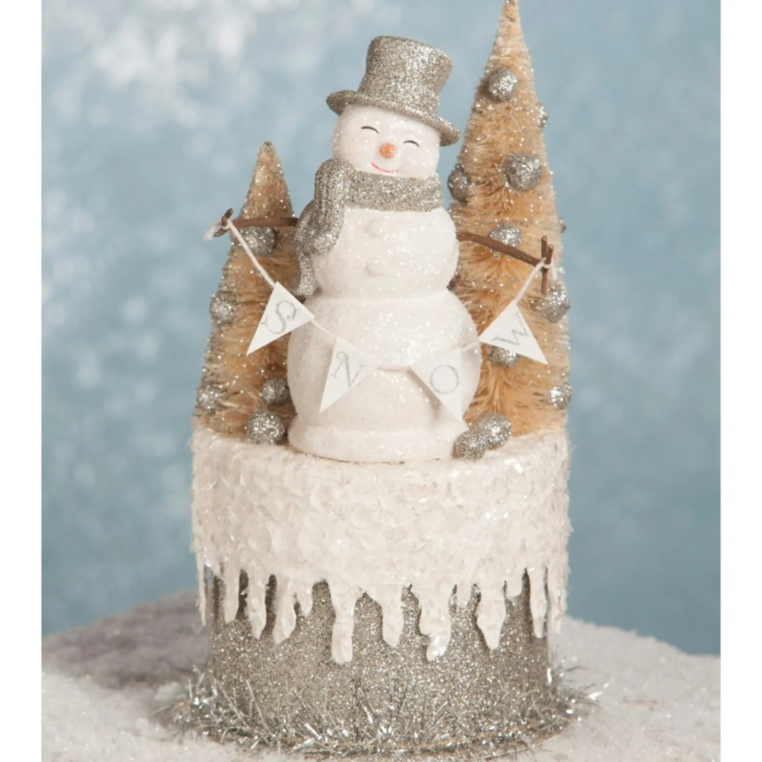 Bethany Lowe 8" Platinum Smiley Snowman on Box Christmas Decoration TL7825