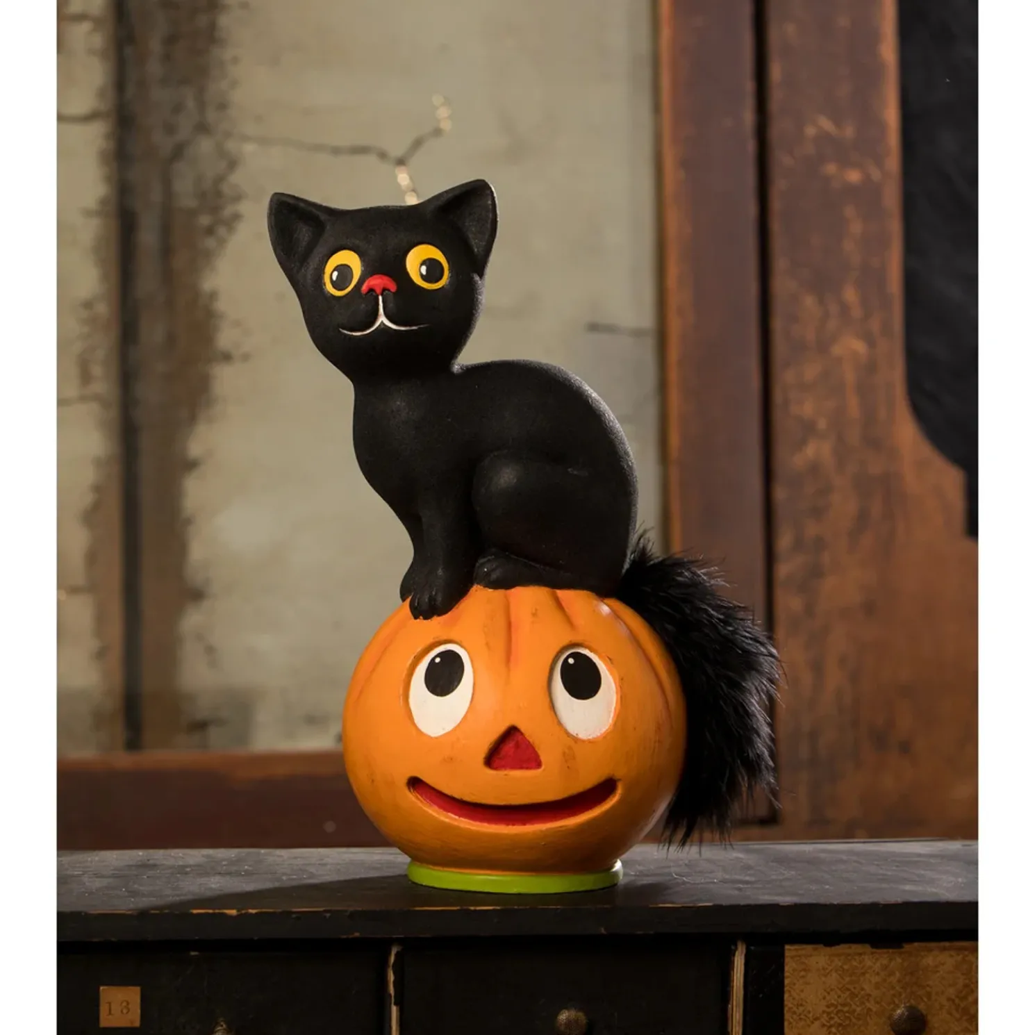 Bethany Lowe 9.5" Vintage Inspired Seated Cat on Pumpkin Halloween Figure TL3361