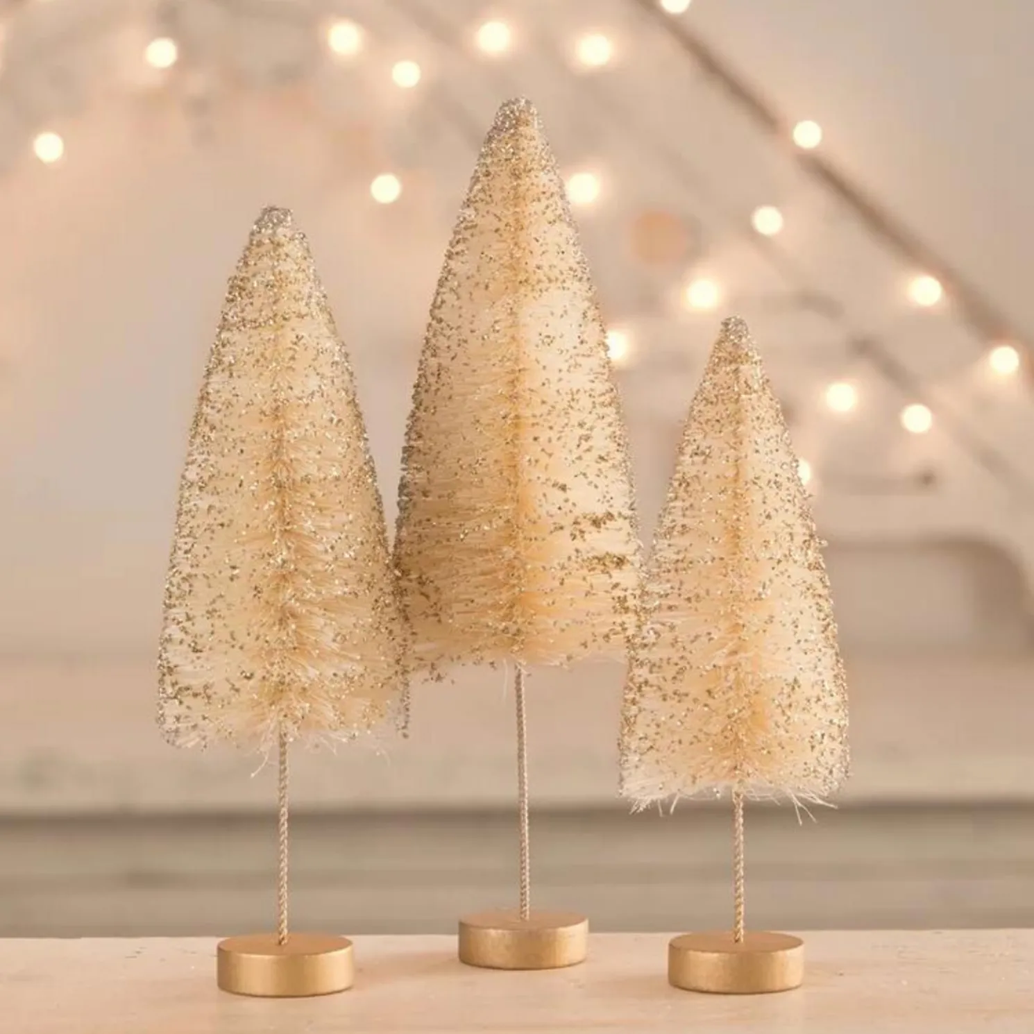 Bethany Lowe Set of 3 Opal Gold Glow Bottle Brush Trees Christmas Decoration LC1616