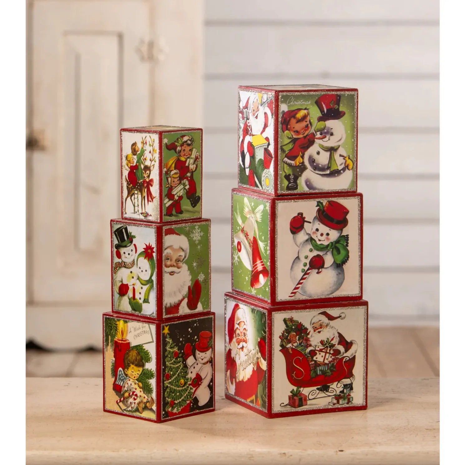 Bethany Lowe Set of 6 Kitschmas Stacking Blocks Vintage Christmas Decoration TL3364