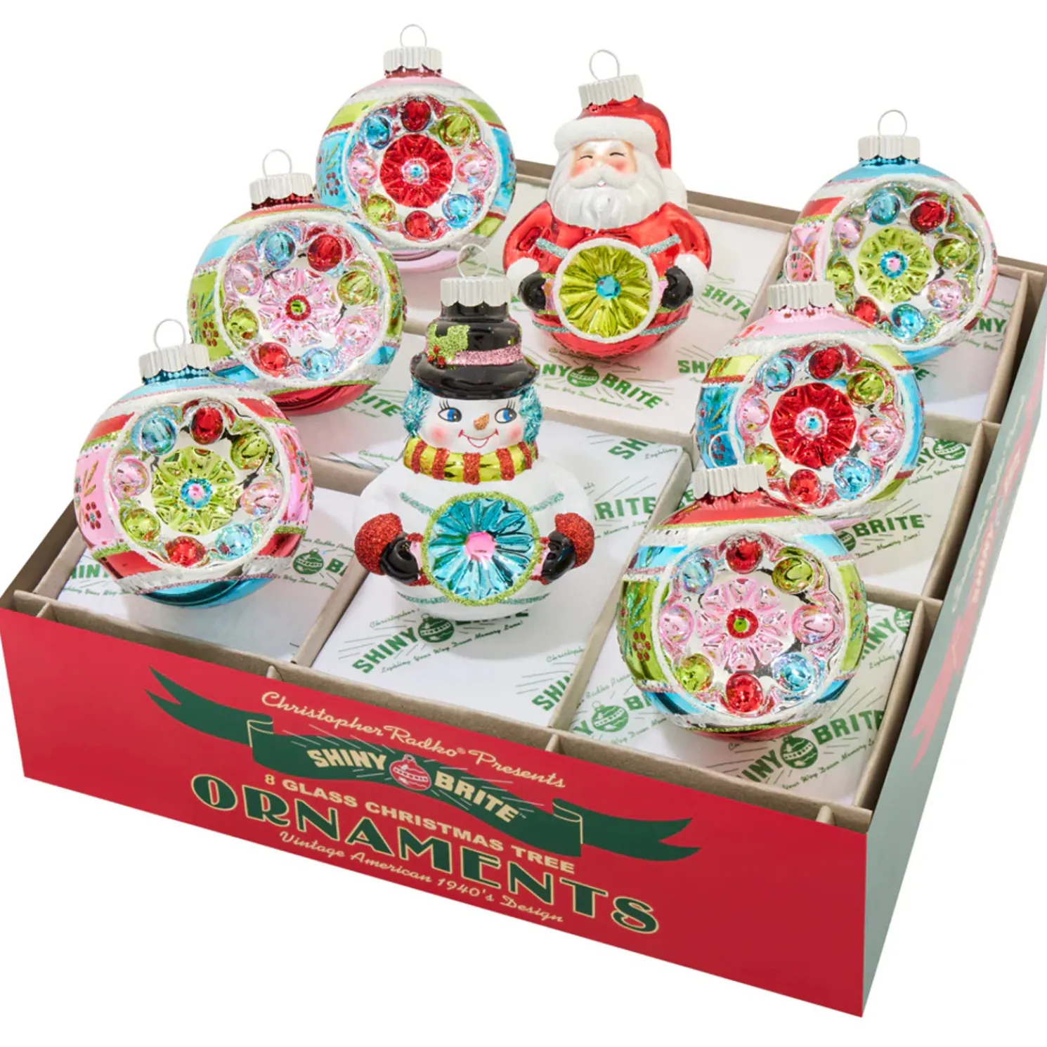 Christopher Radko Shiny Brite Festive Fete 8 Count Figures and Reflector Rounds Glass Christmas Ornament Set 4028278