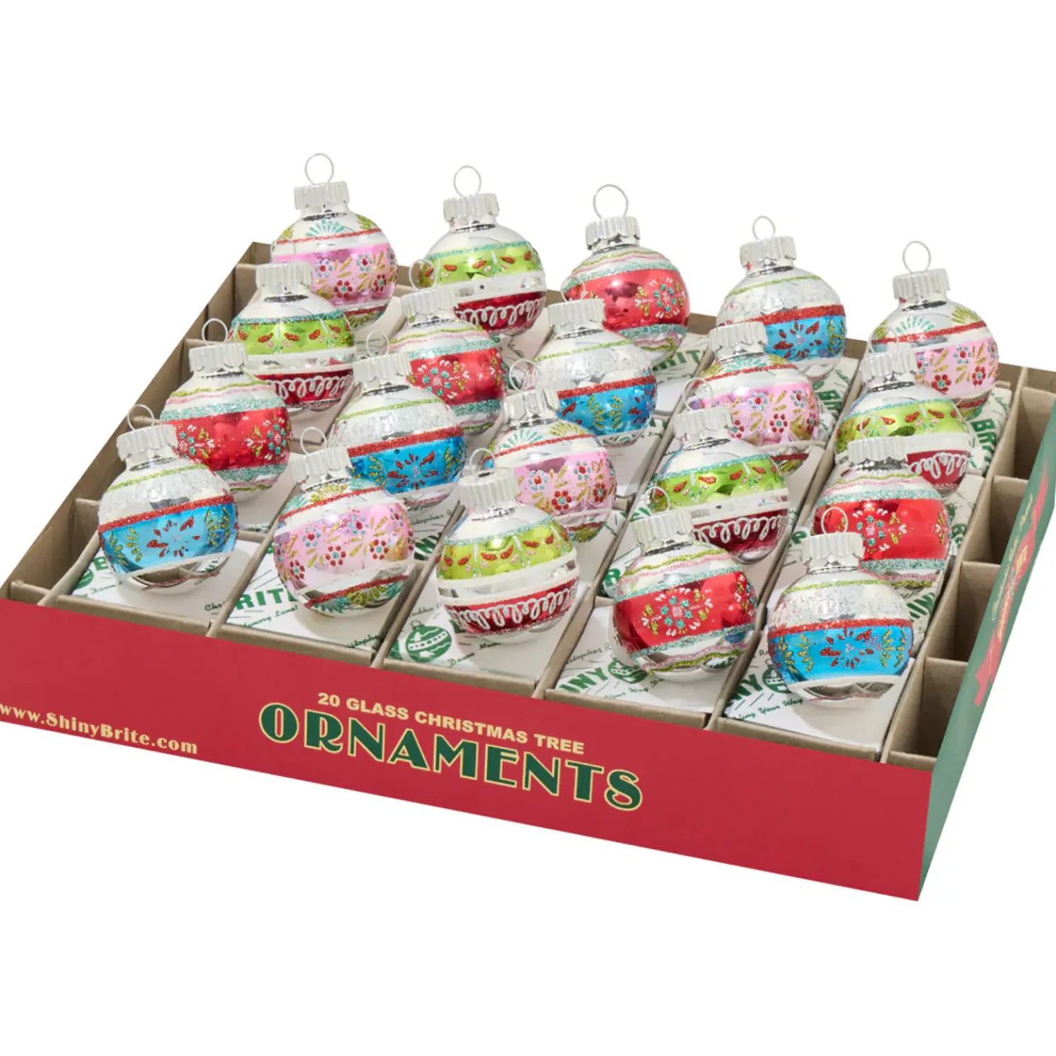 Christopher Radko Shiny Brite Festive Fete 20 Count 1.25" Decorated Rounds Glass Christmas Ornament Set 4028271