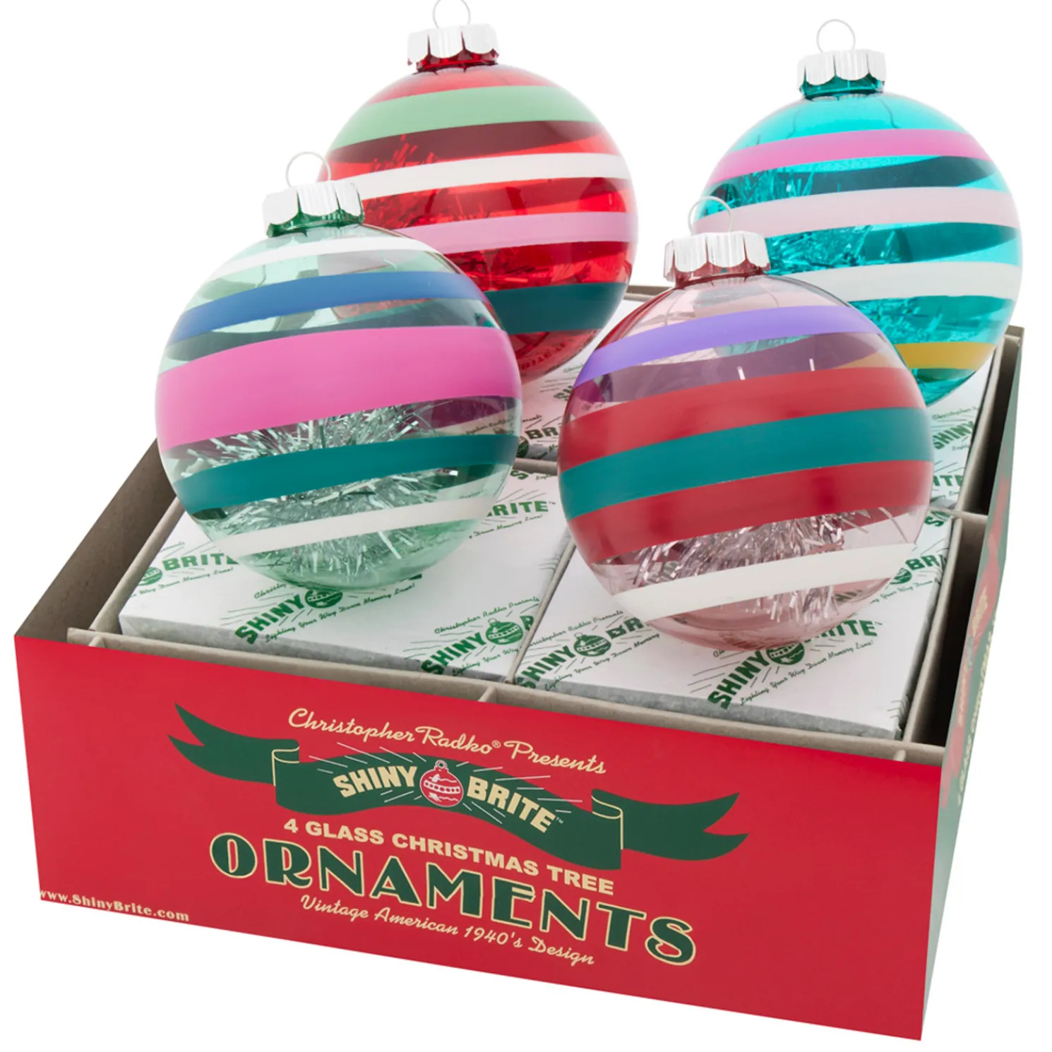 Christopher Radko Shiny Brite Vivid Vintage 4" Decorated Round Christmas Ornaments 4028251