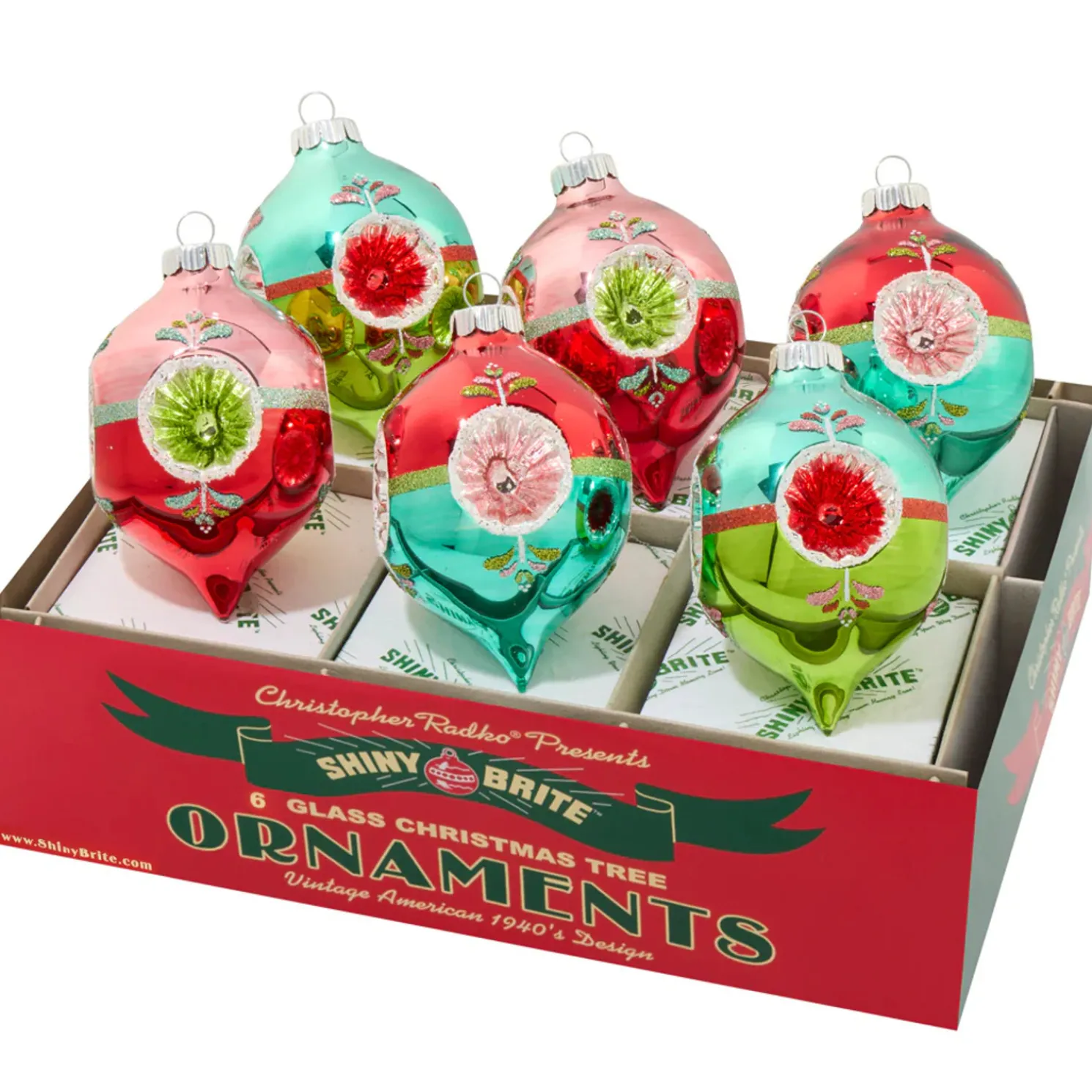 Christopher Radko Shiny Brite Festive Fete 6 Count 3.25" Decorated Reflector Tulips Glass Christmas Ornament Set 4028273