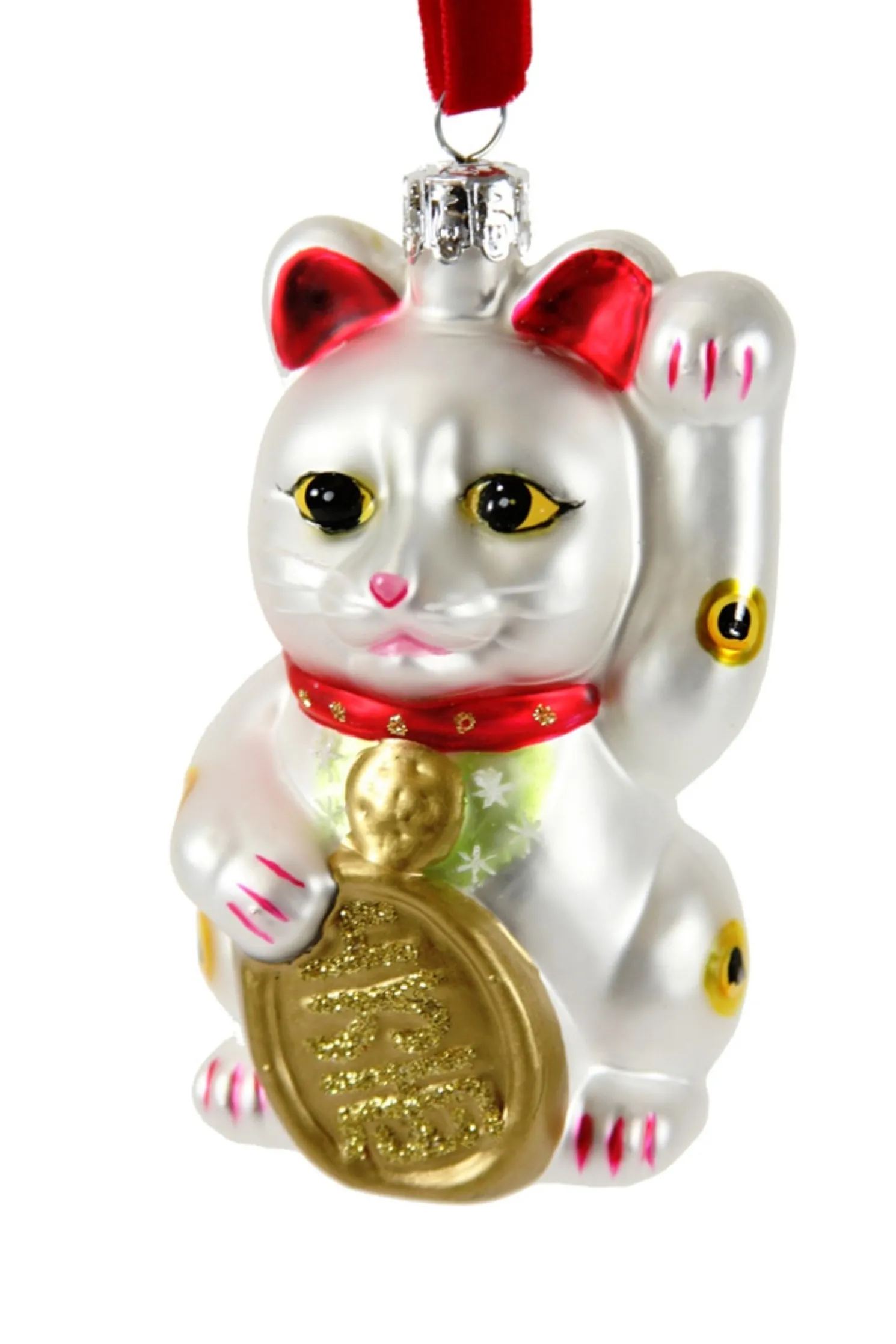 Cody Foster 4.25" White Lucky Cat Glass Christmas Ornament GO-2781-W