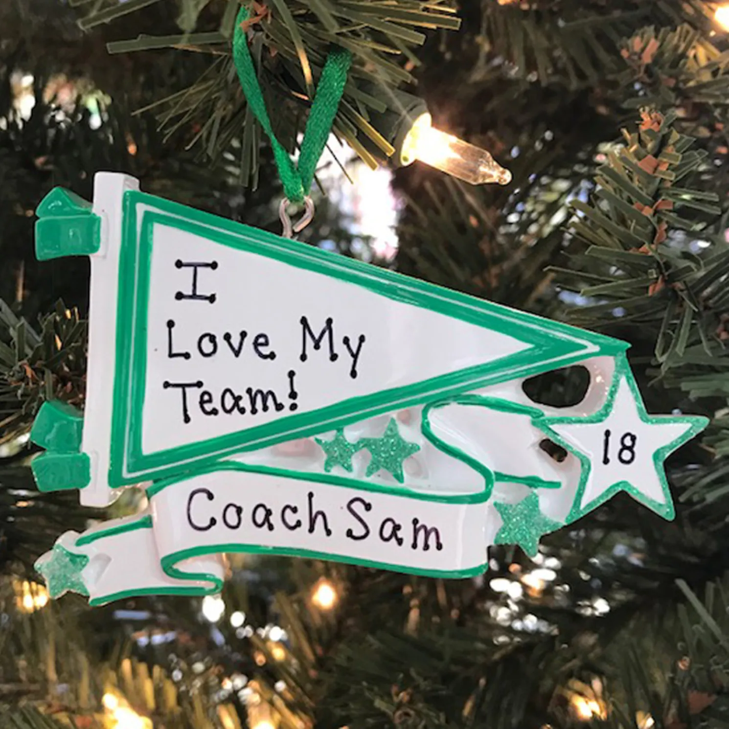Glittered Green Sports Pennant Personalized Christmas Ornament OR1558-GR