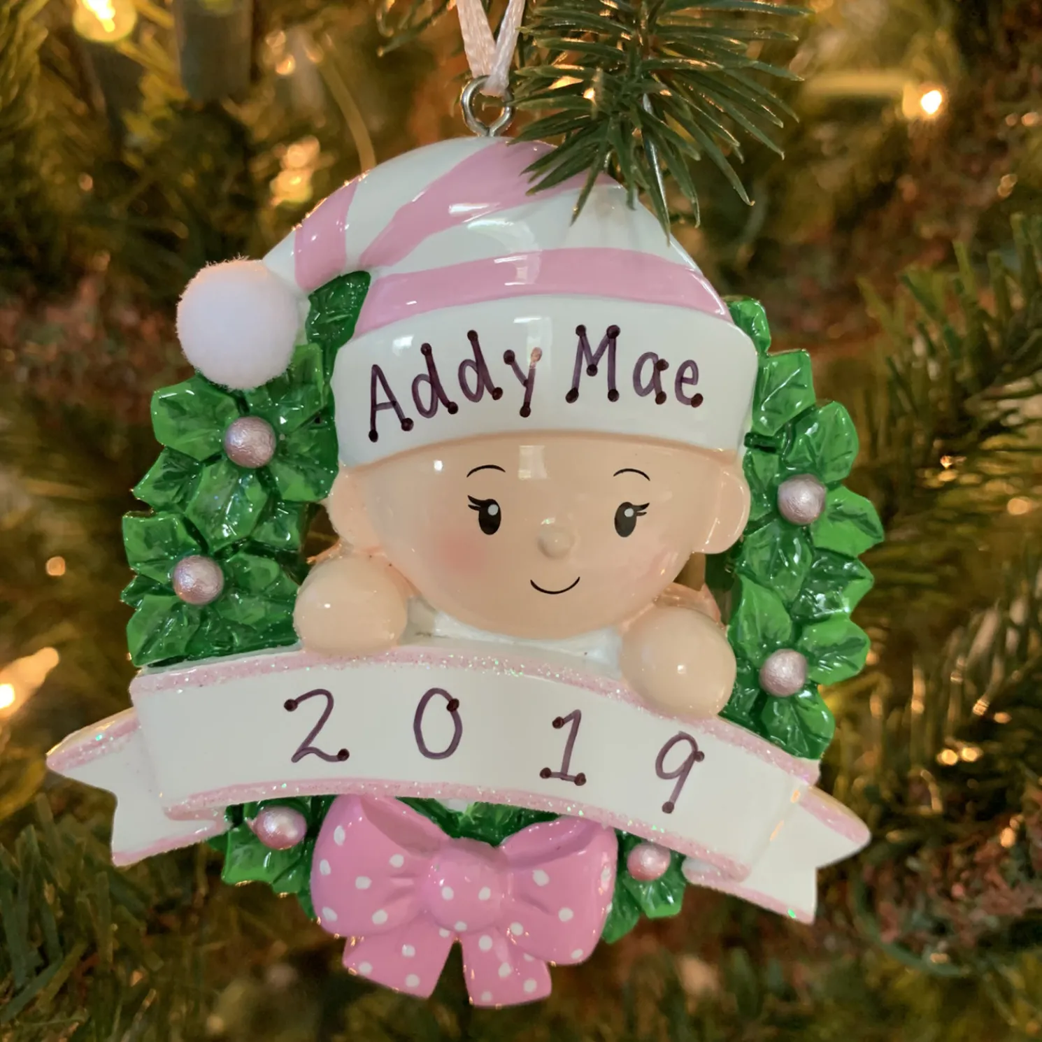 Pink Baby Girl in Wreath Personalized Christmas Ornament OR1746-P