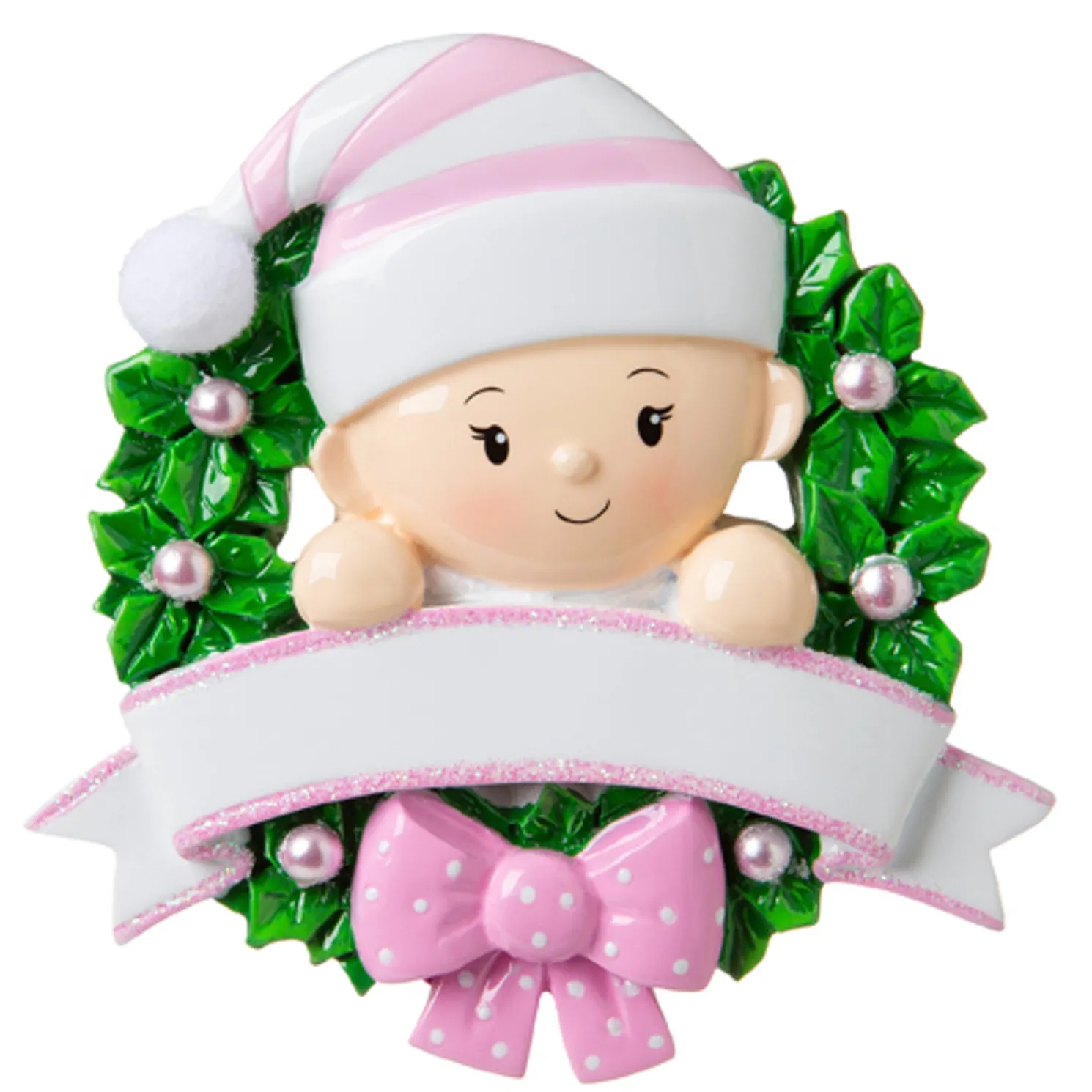 Pink Baby Girl in Wreath Personalized Christmas Ornament OR1746-P