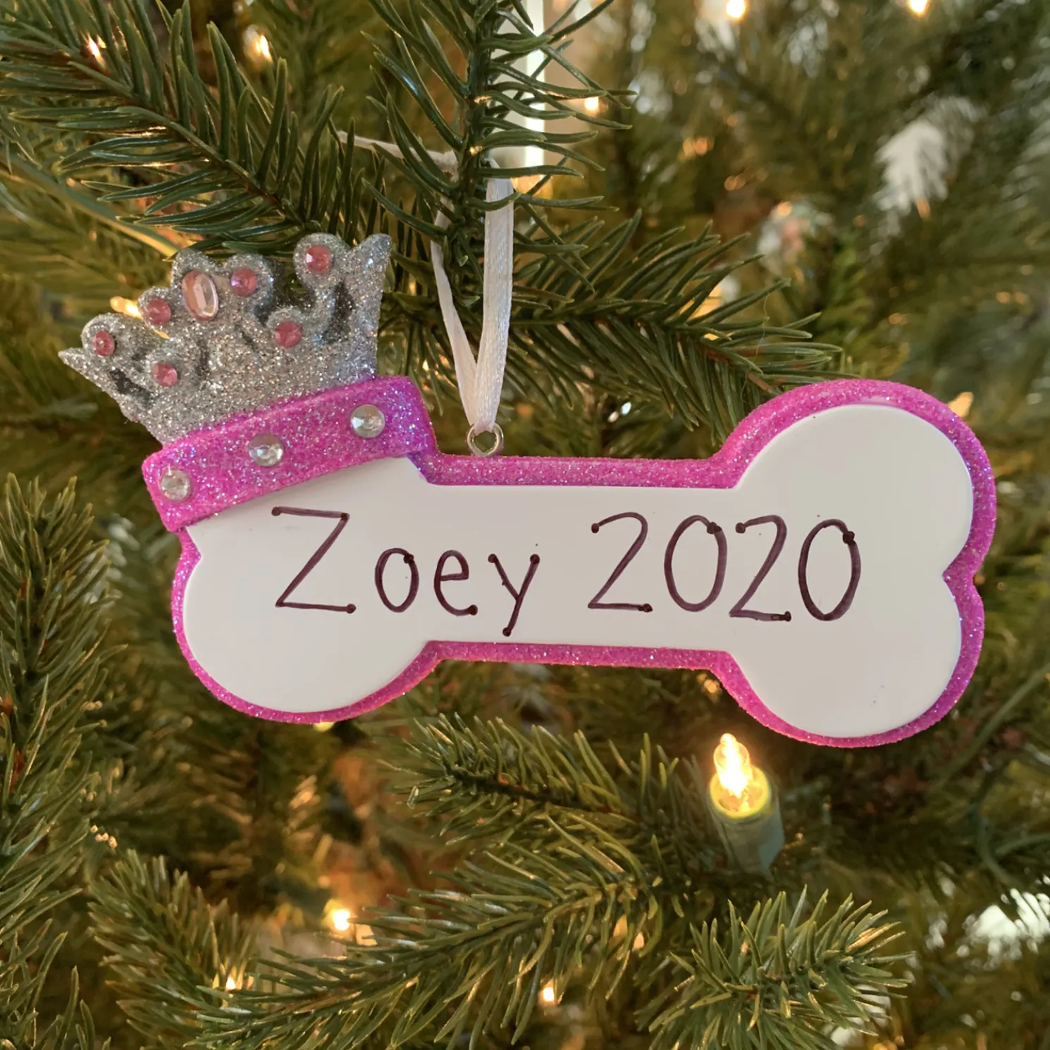 Pink Dog Bone with Princess Crown Personalized Christmas Ornament