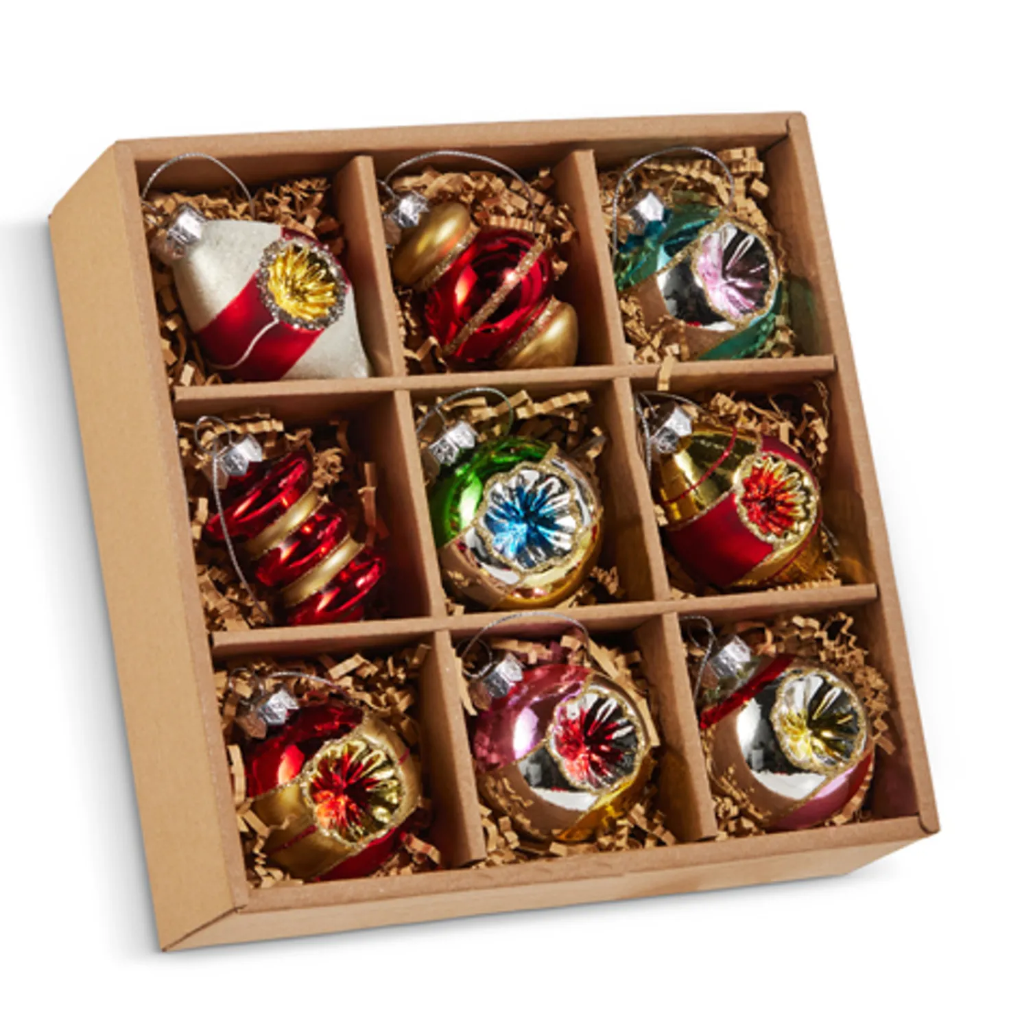 Raz 2" Box of 9 Multicolor Vintage Glass Christmas Ornament 4520926