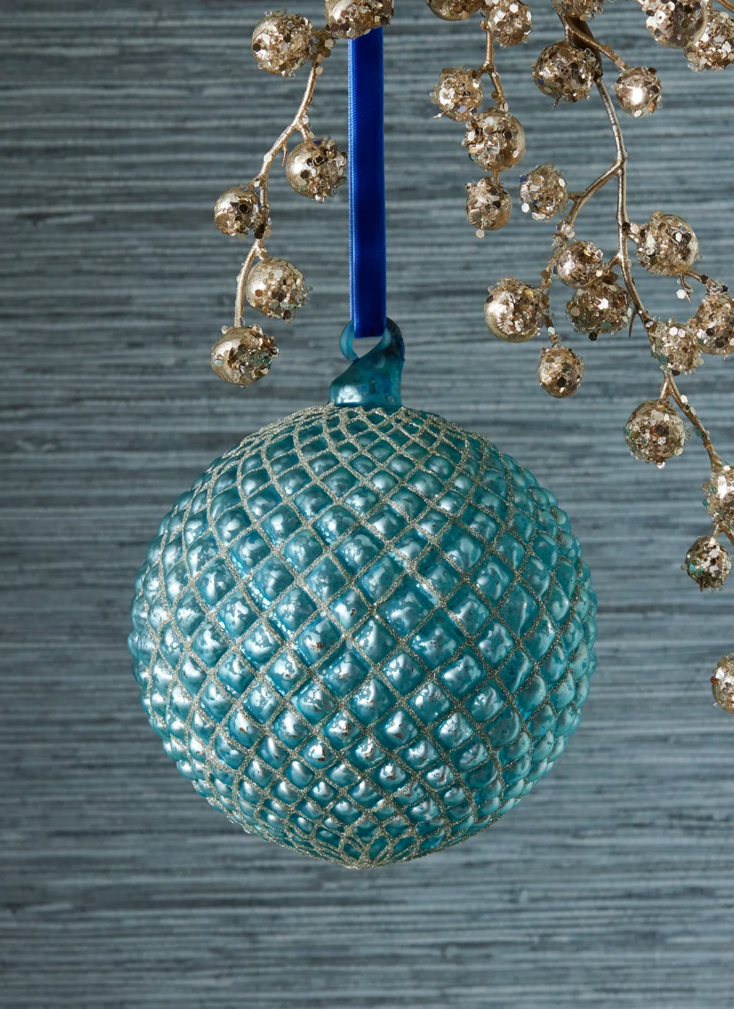 Raz 6" Cerulean Blue Quilted Ball Glass Christmas Ornament 4322938