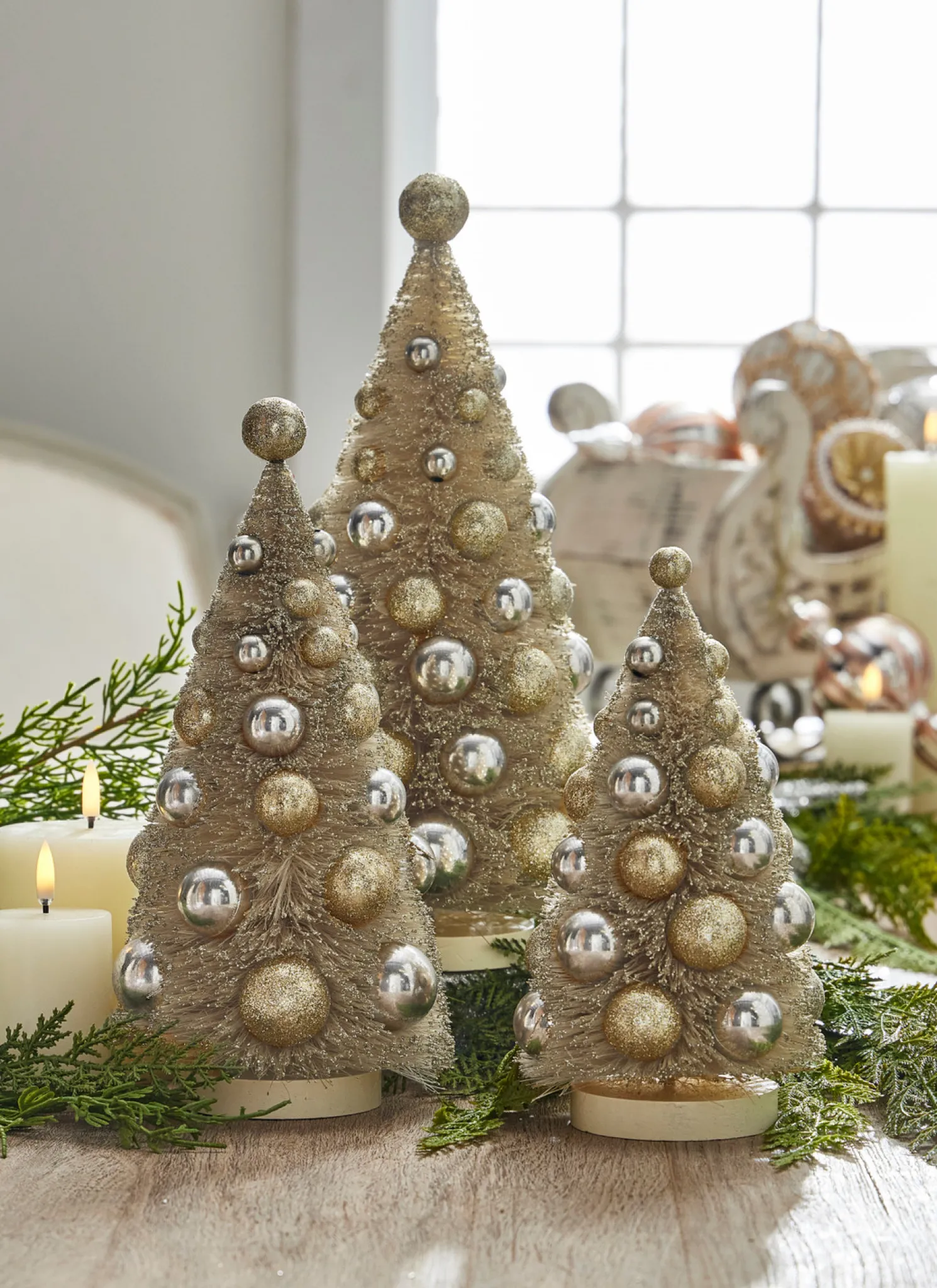 Raz 13" Champagne Dusted Bottle Brush Trees with Ornaments Set of 3 4316151