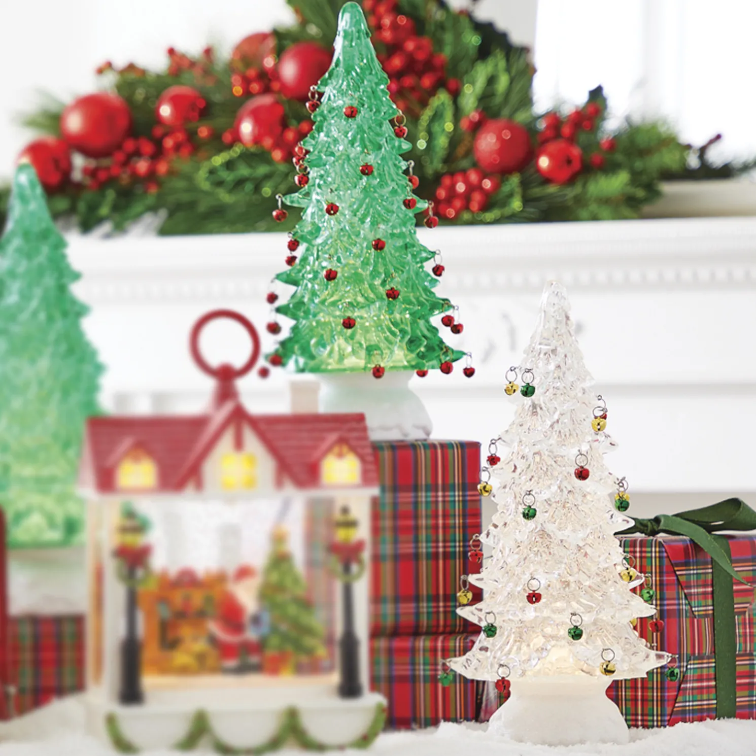 Raz 12" Clear or Green Lighted Shimmering Water Globe Tree with Jingle Bells