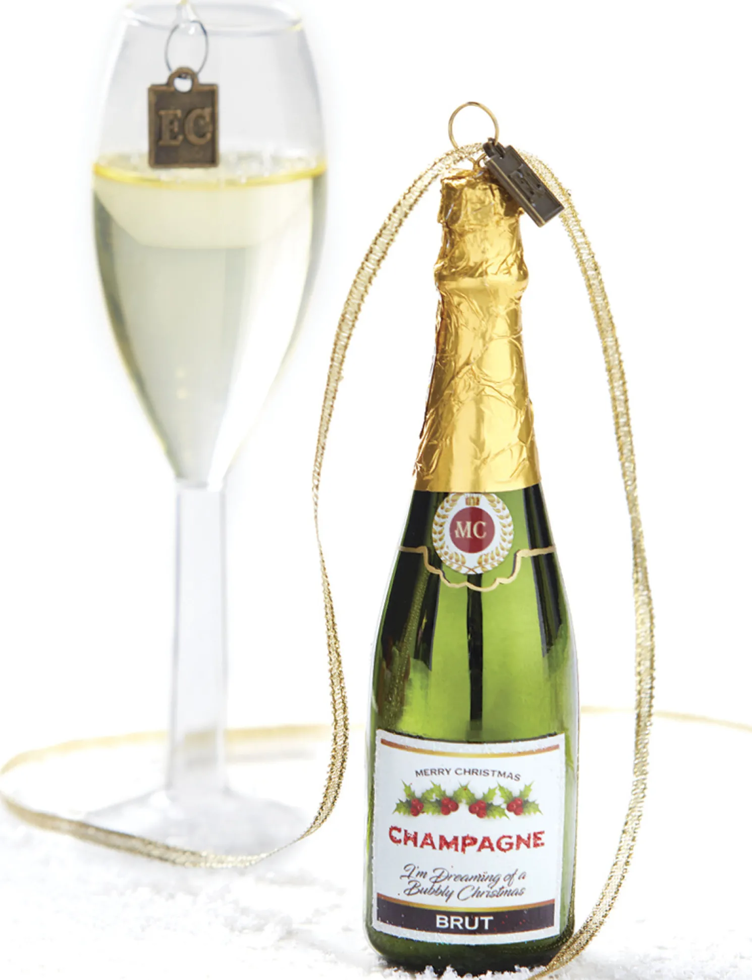 Raz 5" Eric Cortina Merry Christmas Champagne Bottle Glass Ornament 4053159