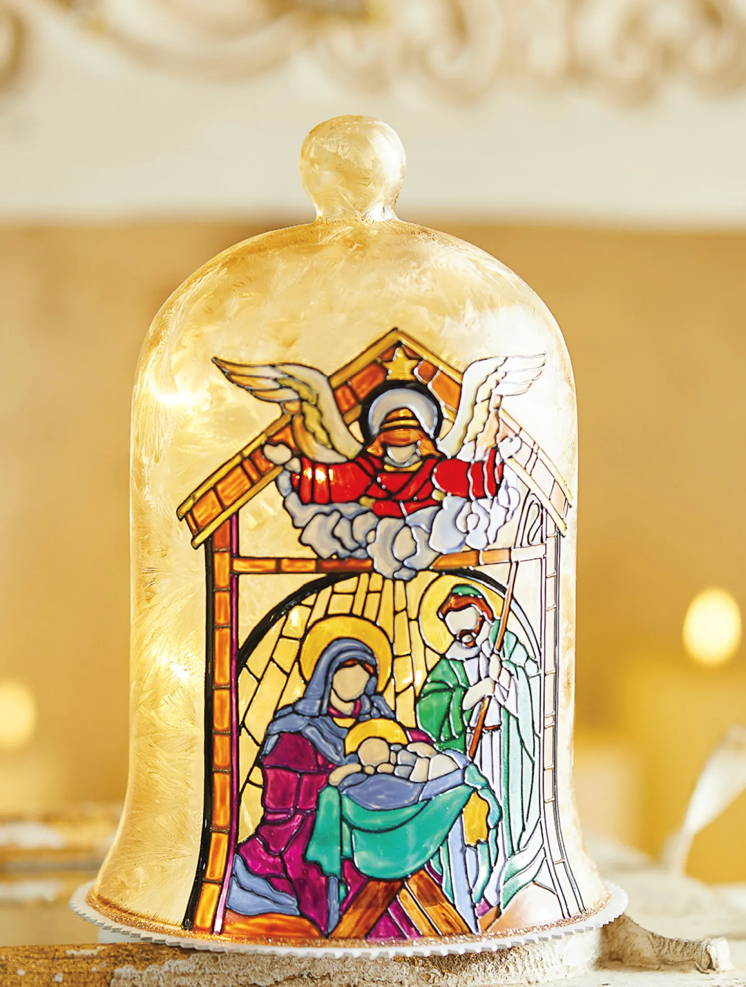 Raz 9" Holy Family Faux Stained Glass Lighted Cloche Christmas Decoration 4116345