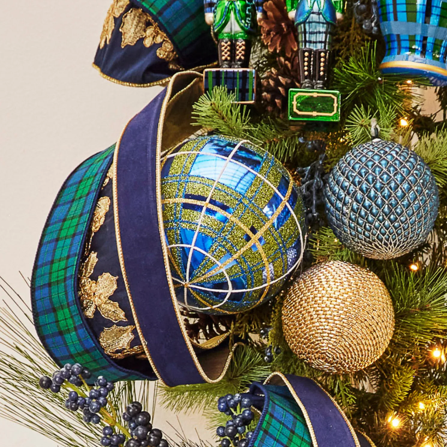 Raz 6" Large Blue and Green Plaid Glitter Ball Christmas Ornament 4432727