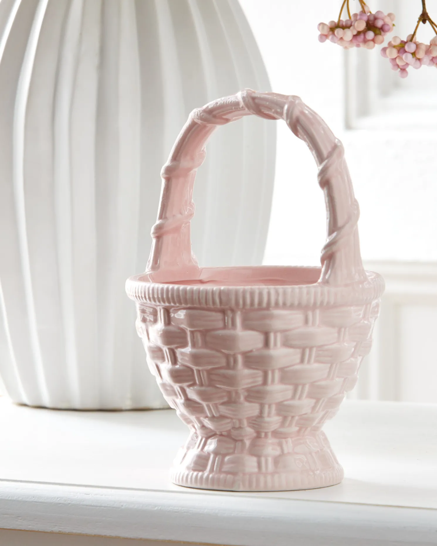 Raz 7.5" Light Pink Ceramic Easter Basket Figure 4501603