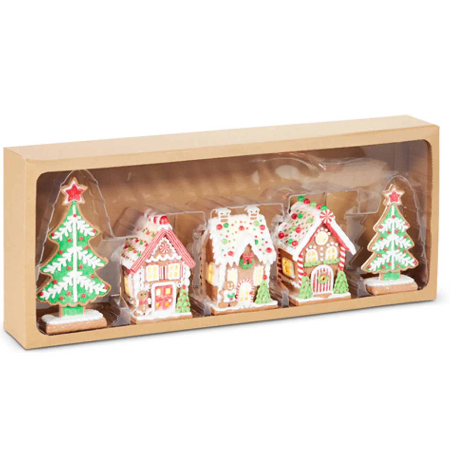 Raz 8.25" Lighted Colorful Gingerbread Houses and Trees 5 pc Christmas Decoration 4516766