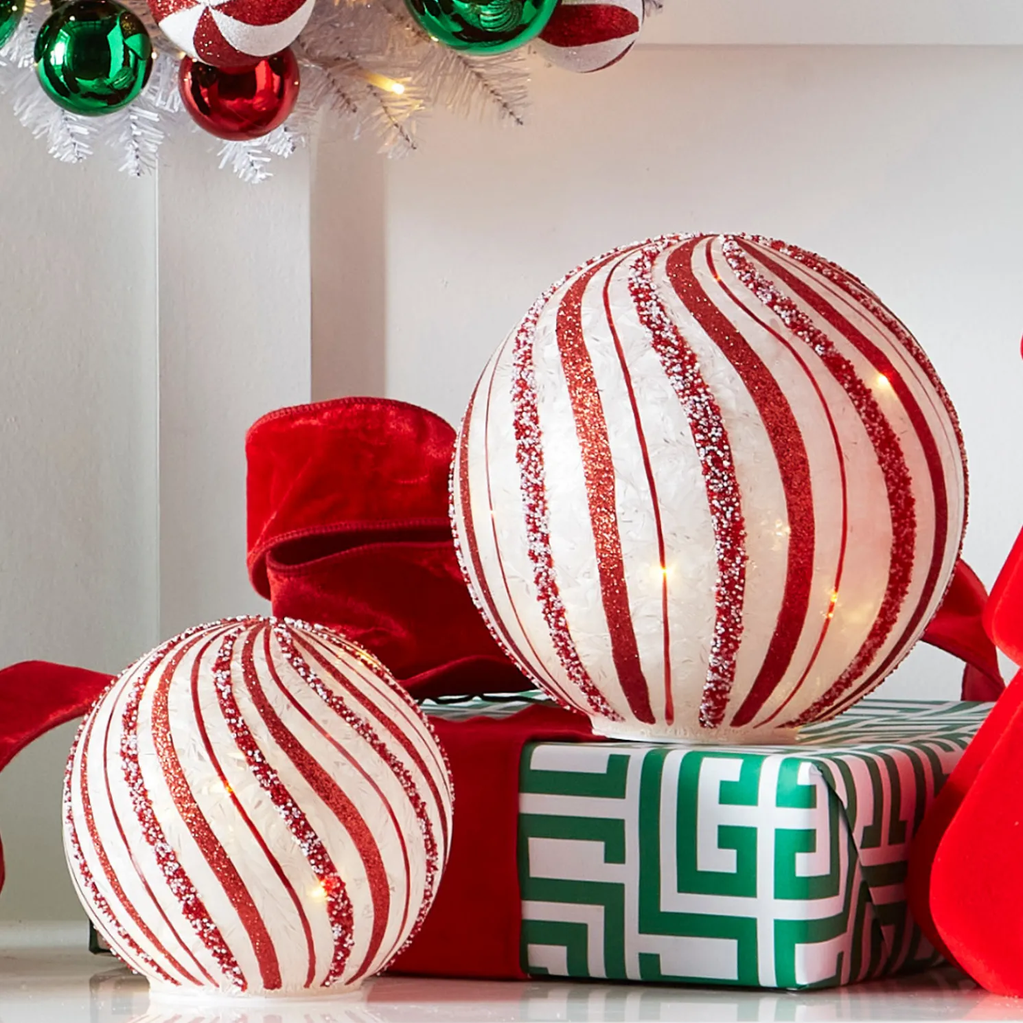 Raz 8" Lighted Peppermint Orbs Glass Christmas Decoration 4533013