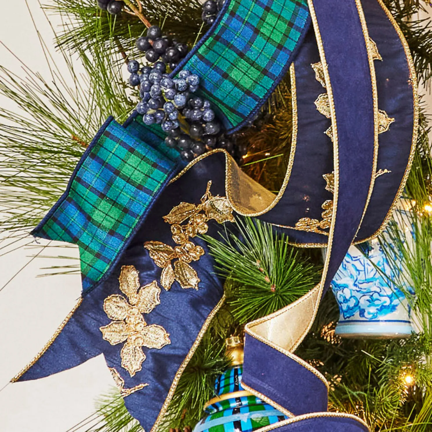 Raz 4" Navy Blue and Gold Holly Wired Christmas Ribbon R4427720
