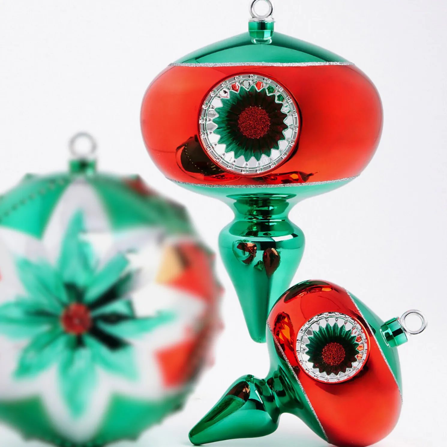 Raz 9.5" or 12" Large Red and Green Reflector Finial Christmas Ornament