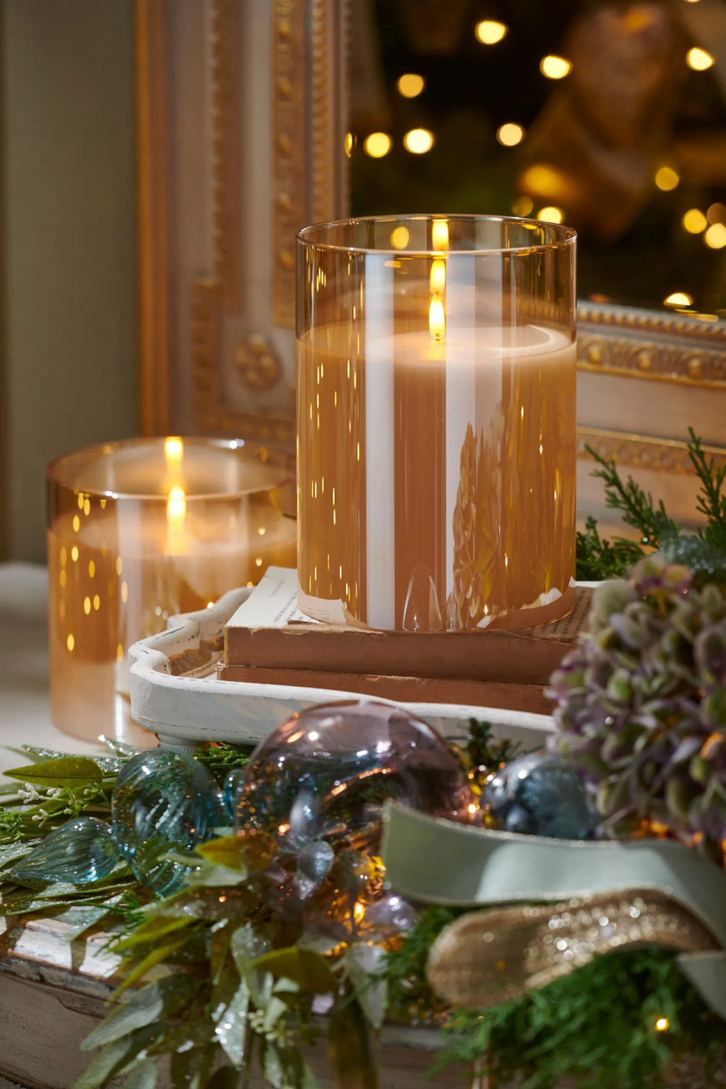 Raz 6" Pillar Battery Operated Flickering Candle In Gold Glass