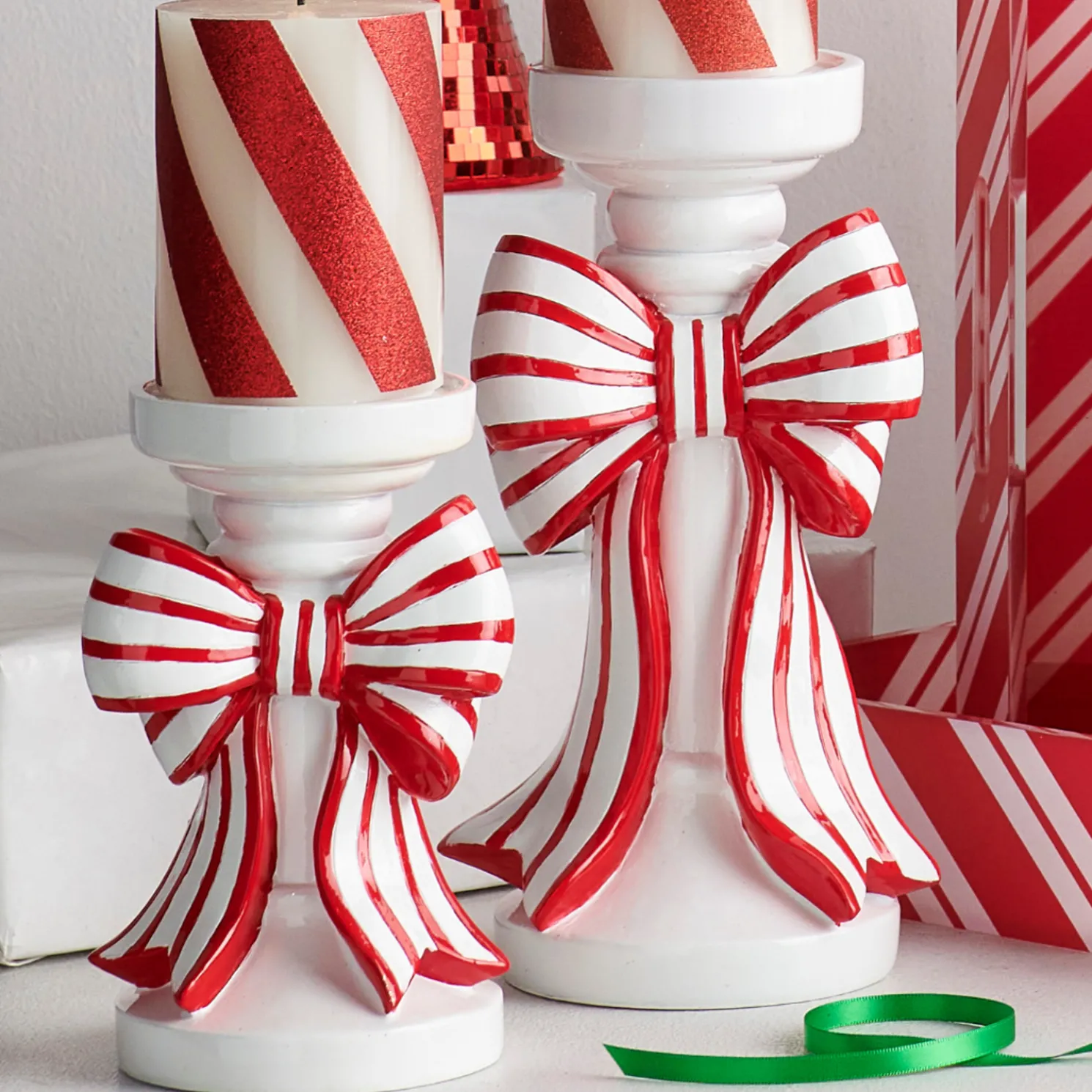 Raz 10" Red & White Striped Bow Christmas Pillar or Taper Candle Holder 4512233