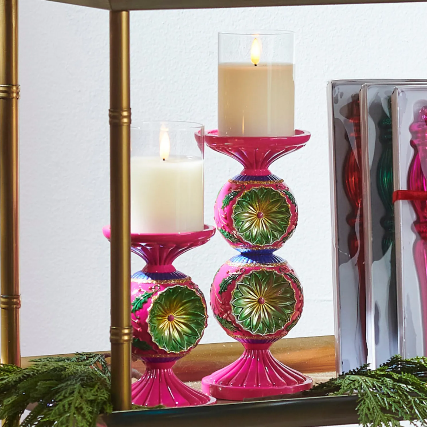 Raz 10" Vintage Pink Multicolor Candle Holders Christmas Decoration 4530525