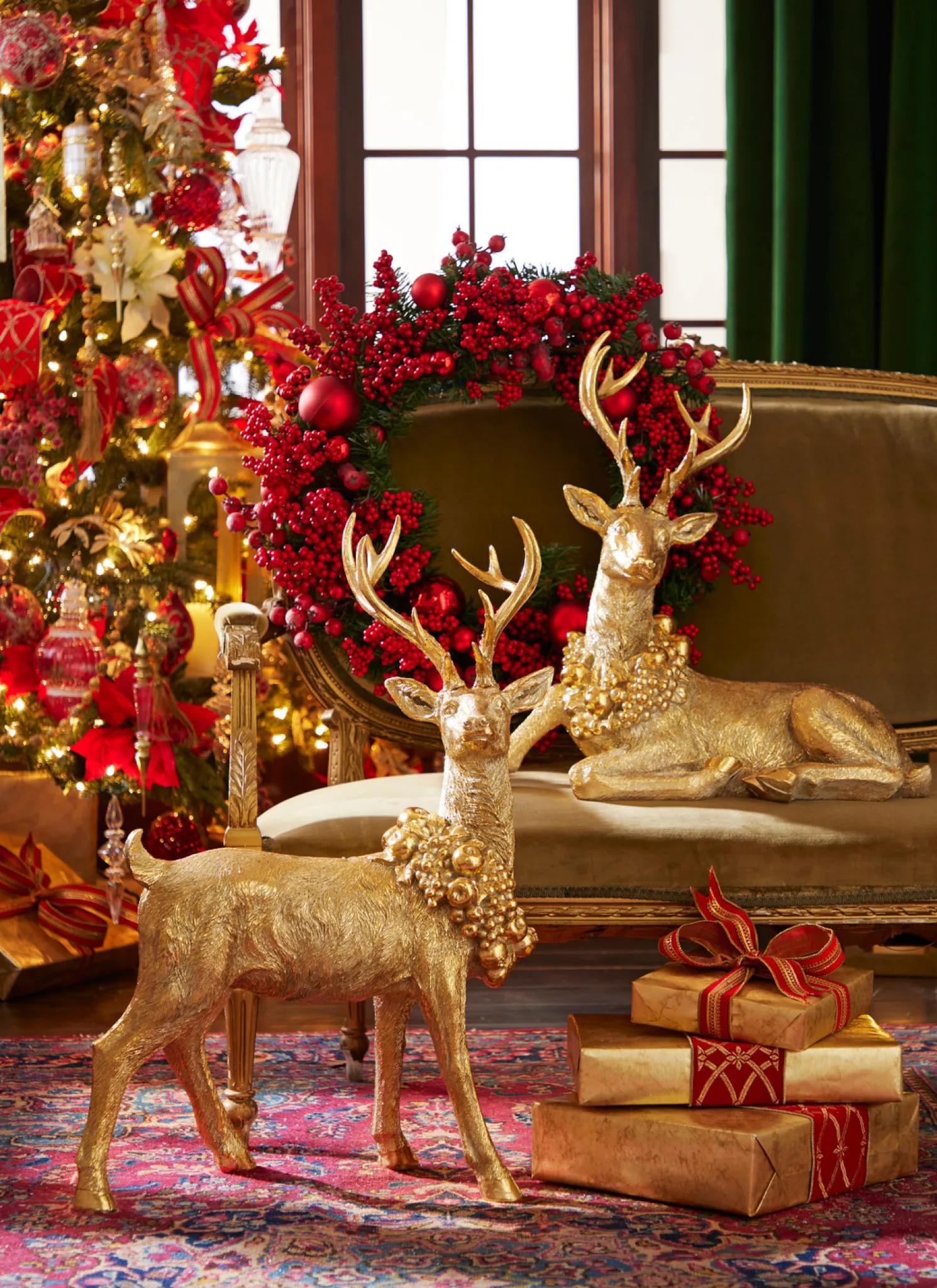 Raz Gold Large Laying or Standing Deer with Wreath Christmas Decoration