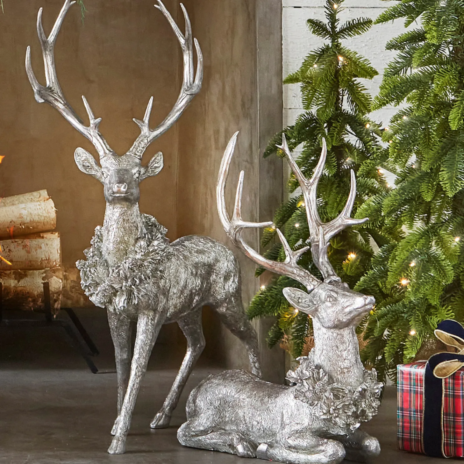 Raz Large Sitting or Standing Silver Deer with Wreath Christmas Figure