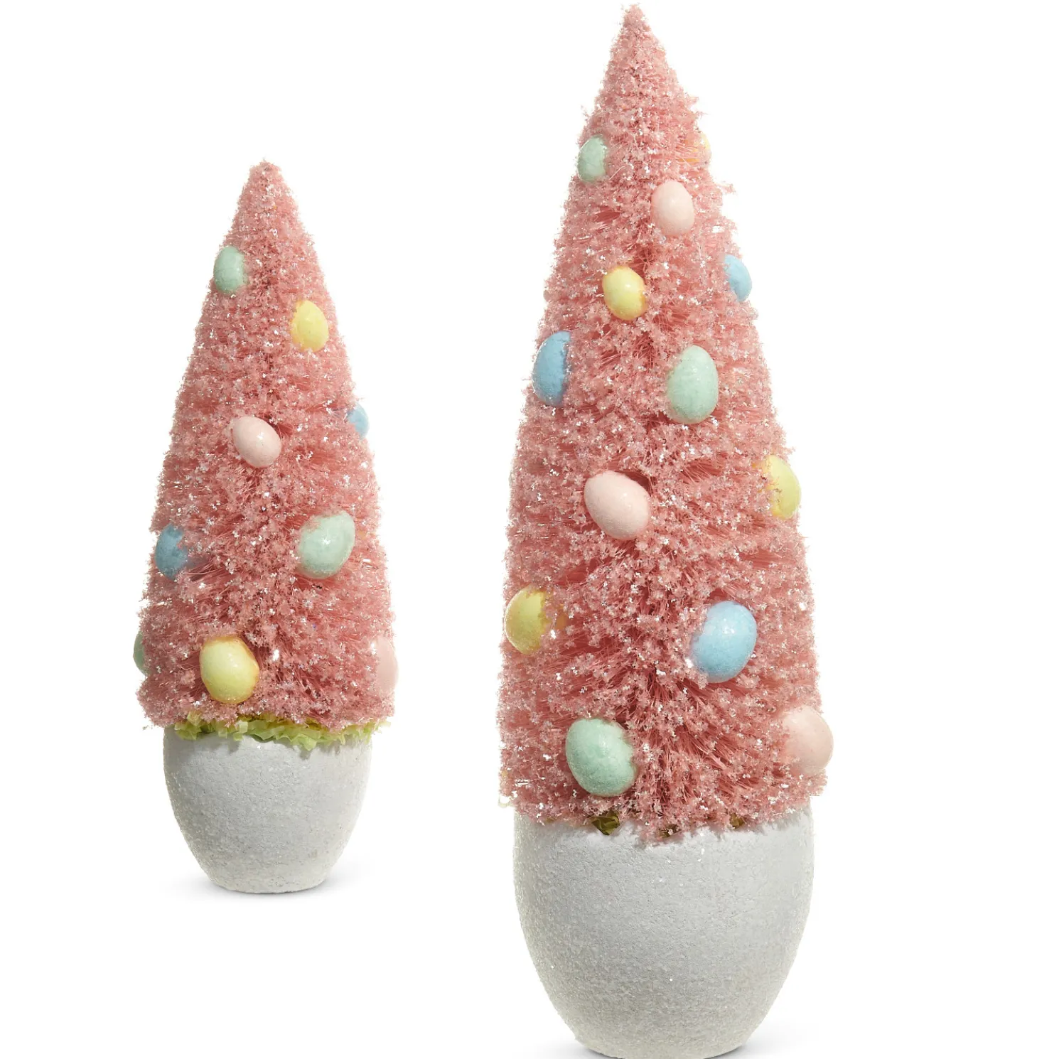 Raz Potted Pink Bottle Brush Trees with Easter Egg Ornaments Set of 2 4415512