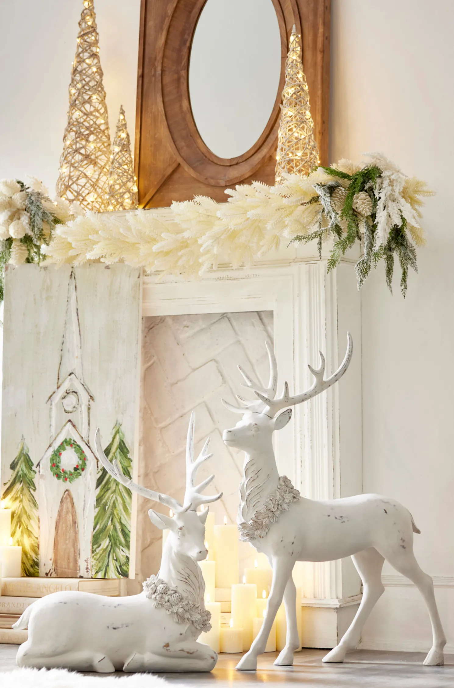 Raz Standing or Laying Large White Deer with Holly Wreath Christmas Decoration