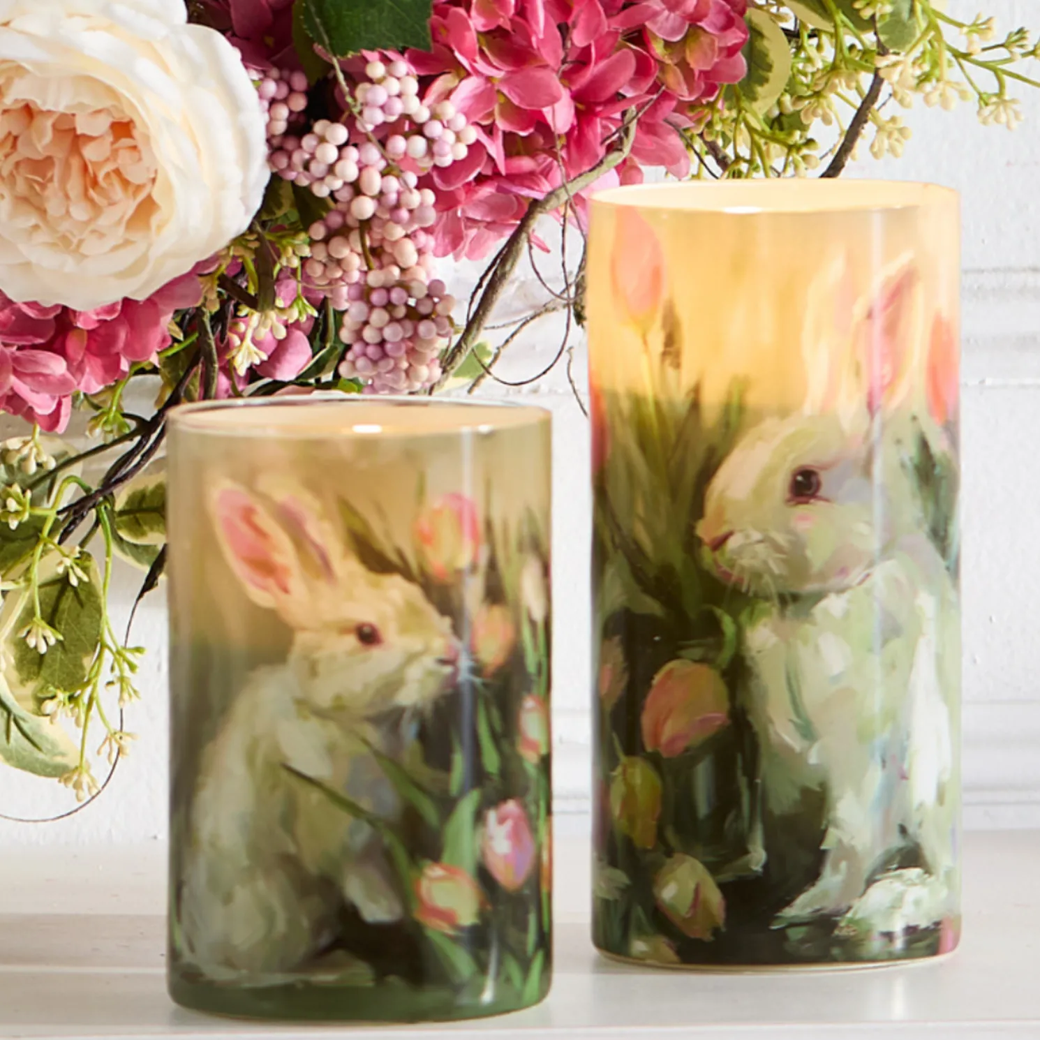 Raz Tulip and Rabbit Glass Easter Containers or Candle Holders Set of 2 4516063