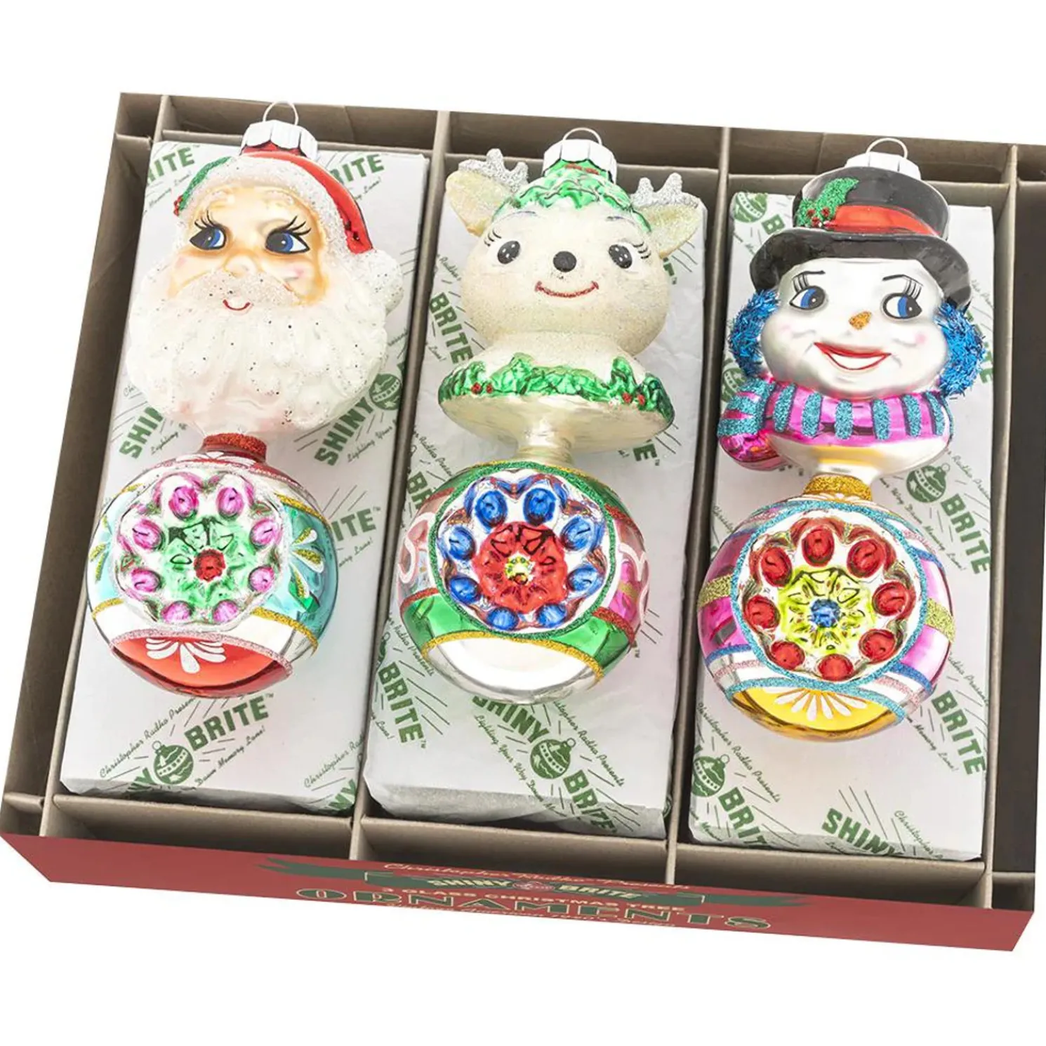 Shiny Brite Confetti 5.5" Santa Snowman and Reindeer Figure Reflector Glass Christmas Ornament Set 4028024