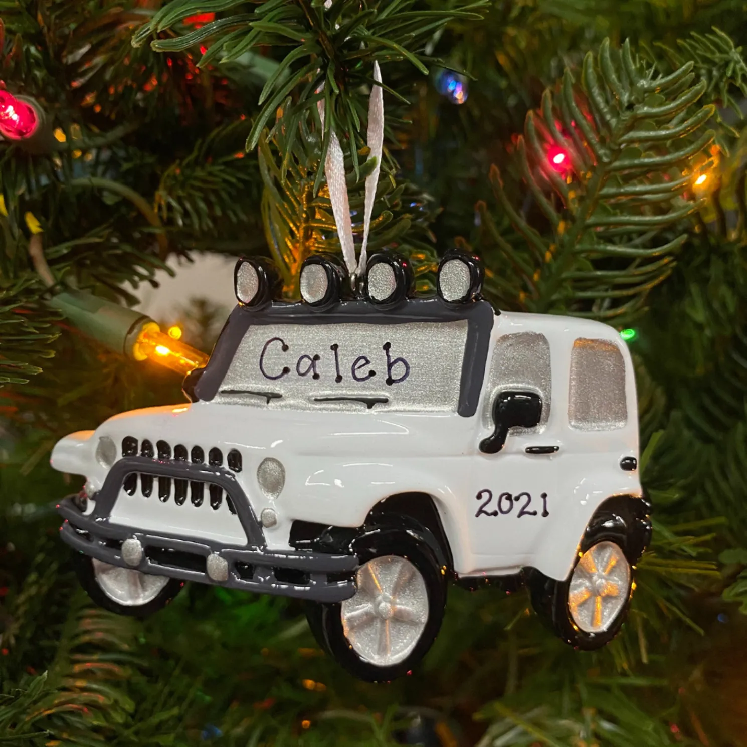 White Jeep 4X4 Personalized Christmas Ornament White OR1763-W